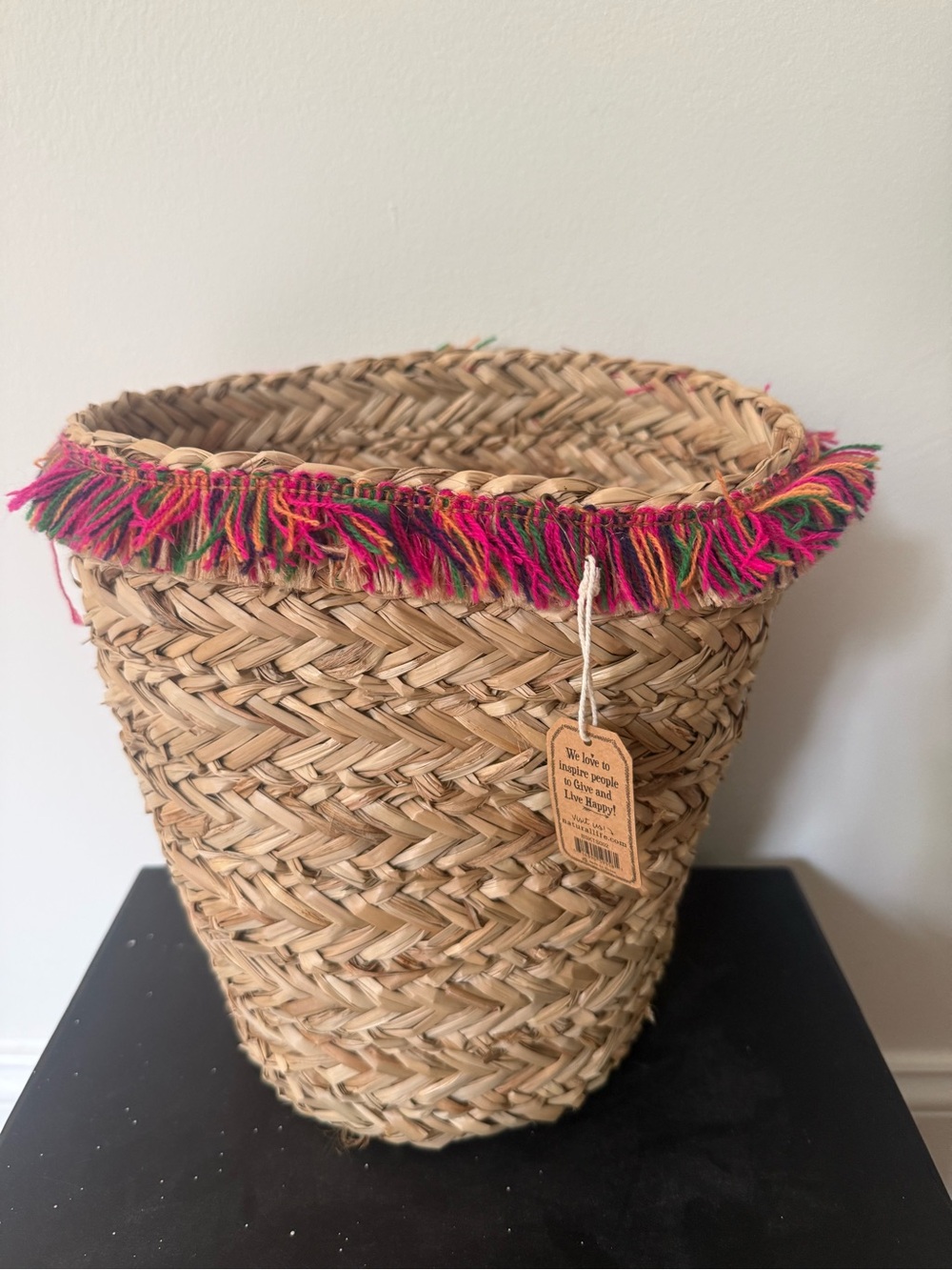 Natural Life Woven Basket 10” x 9” Boho Natural Fiber Multicolor Fringe NWT